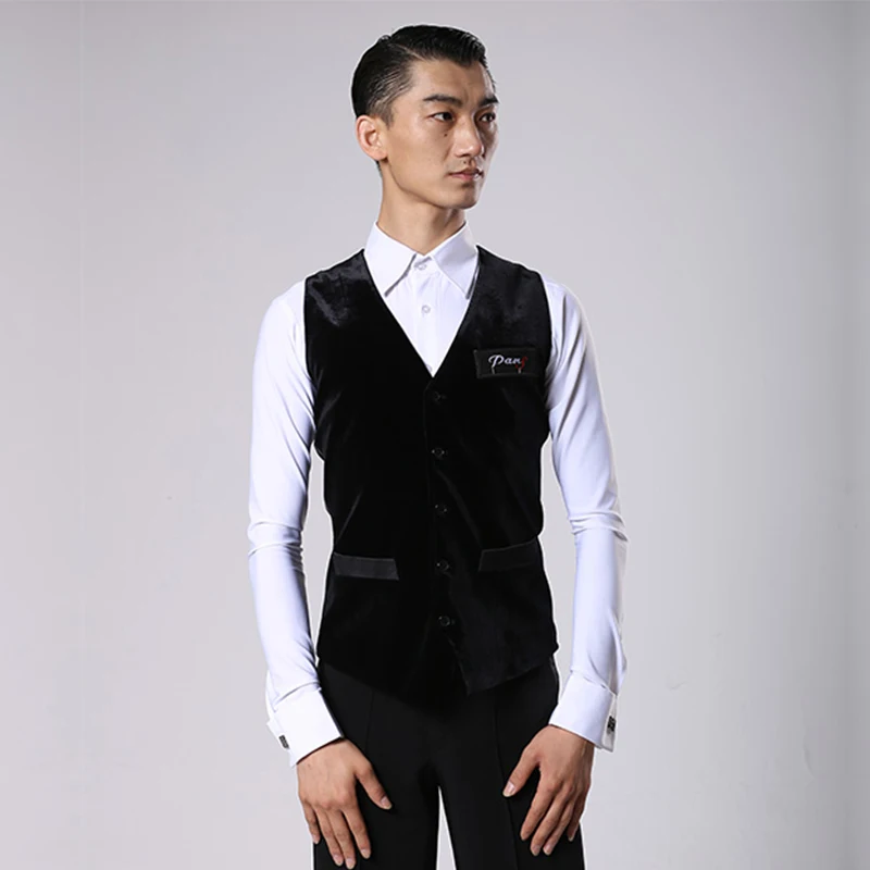 Ballroom Latin Dance Shirts Men Black Front Velvet Back Nylon Vest Coat Male Flamengo Competition Performance Dancewear DNV11343