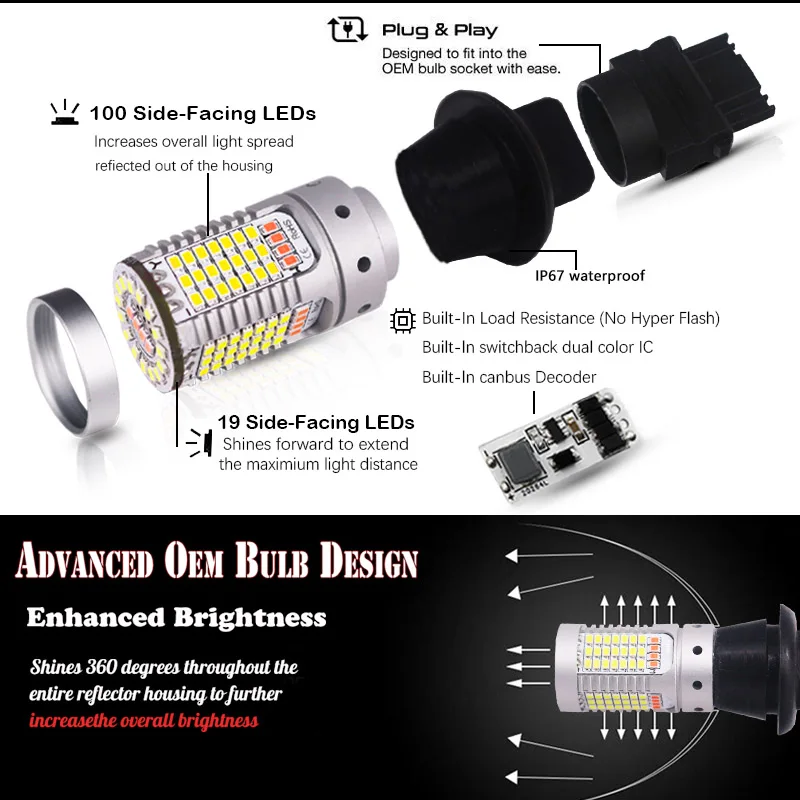 iJDM Car 3156 LED White/Red Dual-Color Canbus T25 PY27W led Bulbs For 15-17 Ford Mustang Rear Fog Lamp/Backup Light 12V