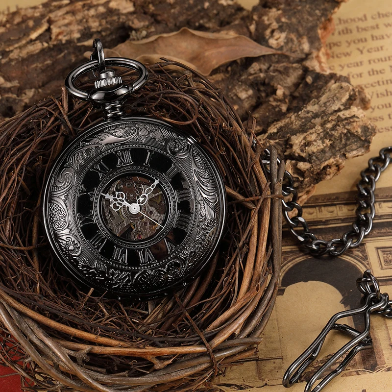 Black Roman Numerals Mechanical Pocket Watch Men Women Carving Retro Transparent Glass With Chain Luxury Vintage Watch