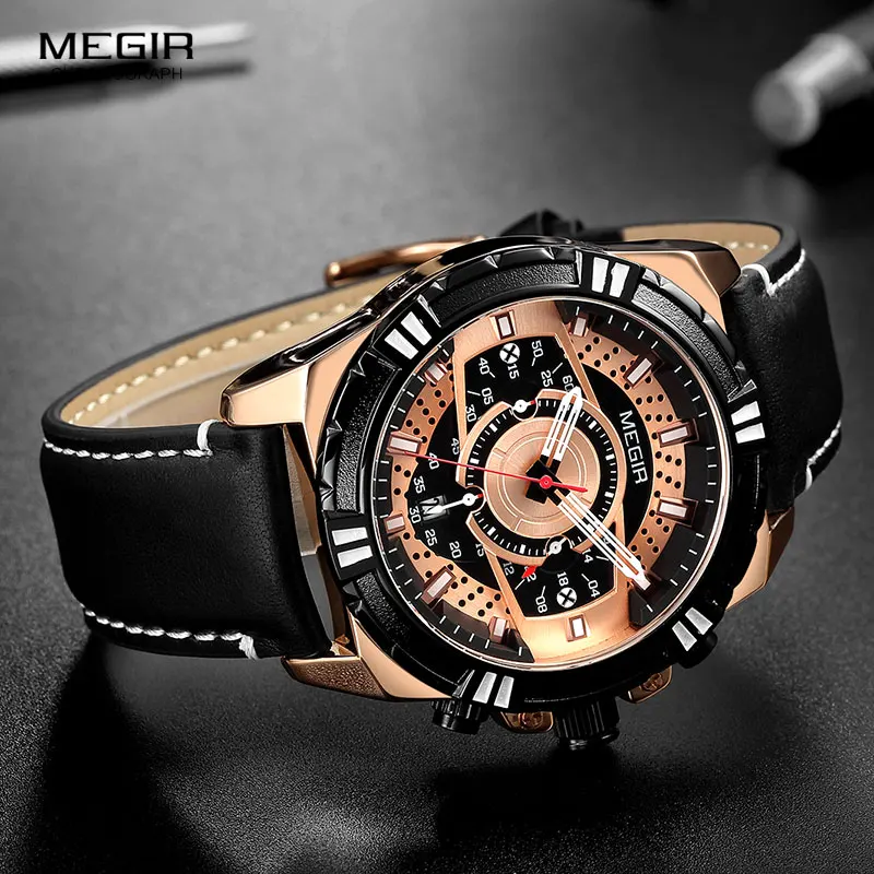 MEGIR Men\'s Quartz Watches 2019 New Luxury Top Brand Chronograph Military Sport Leather Wristwatch Man Relogios Clock 2118 Rose