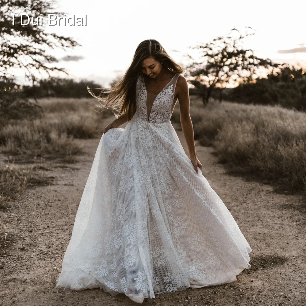 Mergulhando Vestidos De Noiva Pescoço, Cristal Pérola, Vestido De Noiva De Renda Frisado, Custom Made De Fábrica, Foto Real