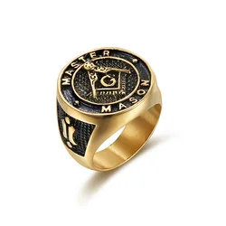 8 to 13 size Punk gold color  Masonic Ring For Men Vintage round Rhinestone Ring Classic Jewelry AG Freemason Gold Anel Bagues