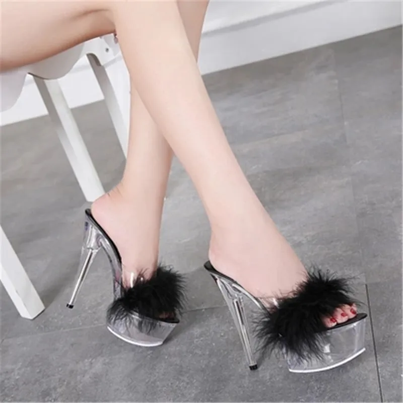 Transparent stiletto sandals, sexy 15 cm, feather uppers fashion dancer slippers