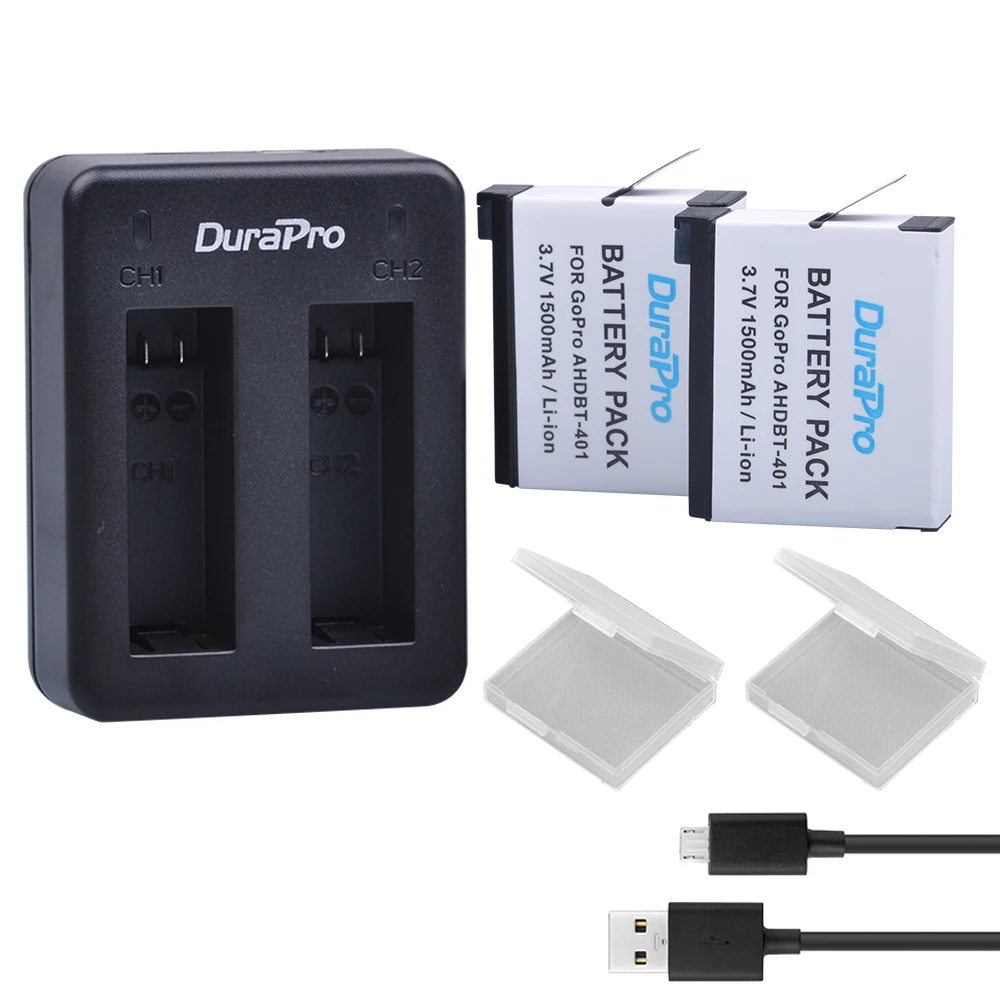 DuraPro 2pc For GoPro AHDBT 401 AHDBT-401 Camera Li-ion Battery + USB Dual Charger for AHDBT401 GoPro Hero 4 HD Camera