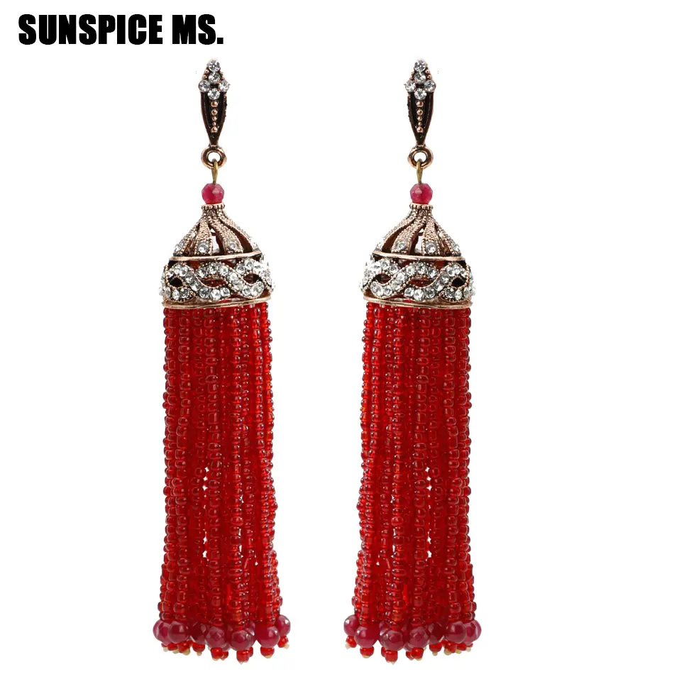 Sunspicems Bohemia Long Hook Beads Drop Earring For Women Turkish Natural Stone Tassels Earring Arabic Bride Wedding Jewelry