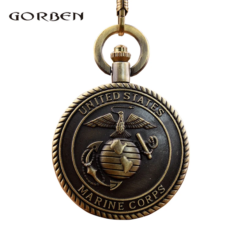 

Retro Antique Pocket Watch United States Marine Corps Theme Quartz Metal Vintage Bronze Pendant Necklace Flip Clock With Chain