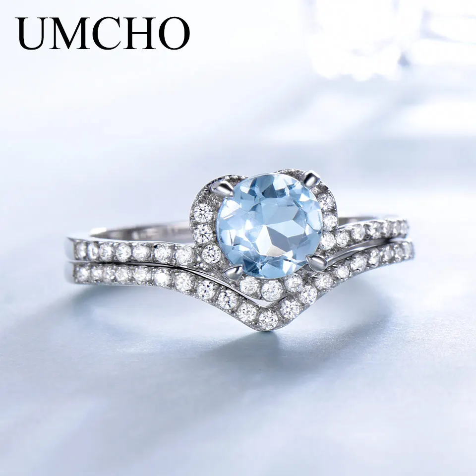 

UMCHO Solid 925 Sterling Silver Rings Sky Blue Topaz Colorful Gemstones Double Rings For Women Anniversary Gift Fine Jewelry