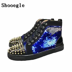 SHOOEGLE New Men Sequins Rivets Shoes Fashion Studs Mens Hightop Sneakers Espadrilles Lace-up Platform Flat Casual Shoes EU39-47