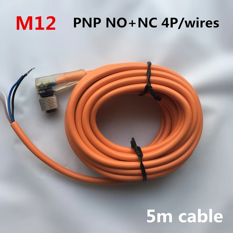 M12 sensor connectors 4 pins/ 4 wires PNP NO+NC 5m pvc cable angle type with LED indicator waterproof connector plug  5PCS/LOT