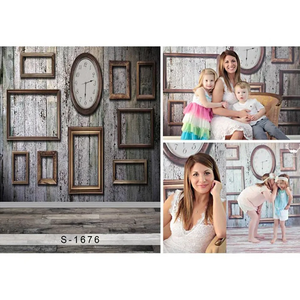 

Retro Vintage Wood Backdrop for Photography Printed Clock Frames Baby Kids Children Family Photo Studio Backgrounds Wooden Floor