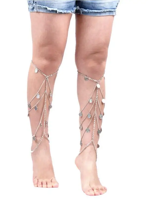 Fashion Style Women Silver Plated Chains Harness Silver Platstic Coins Leg Chains Unique Thigh Chains Jewelry 2 Colors WRAL03