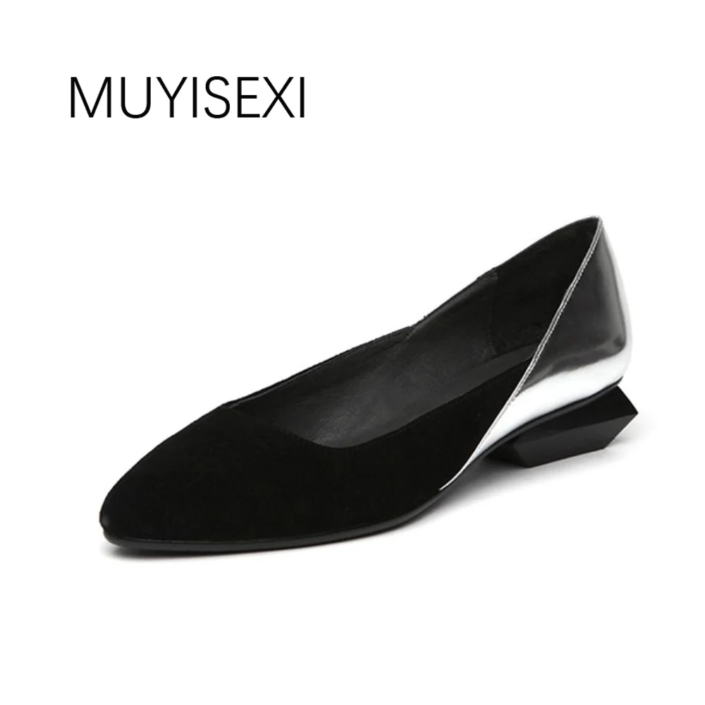 Spring ladies Shoes Women\'s Genuine Cow Leather Irregular Square Heel 3cm Pointed Toe Slip-On low Heel office HL013 MUYISEXI