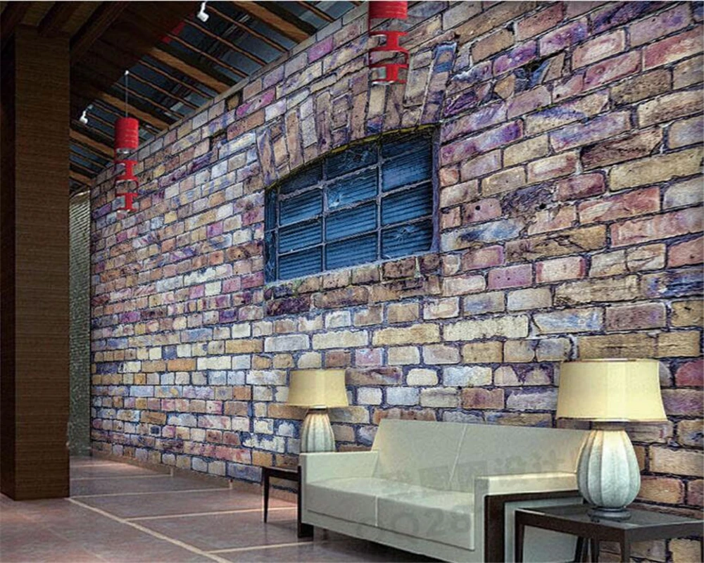 Beibehang 3D wallpaper red brick wall glass windows European retro fashion high-end home TV background wall wallpaper mural