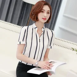 Breve-maniche lunghe In Chiffon Camicetta Delle Donne di Estate V-collare Allentato Moda Stampato Camicia Fondo Signore Dell'ufficio di Lavoro Top Abbigliamento h9023