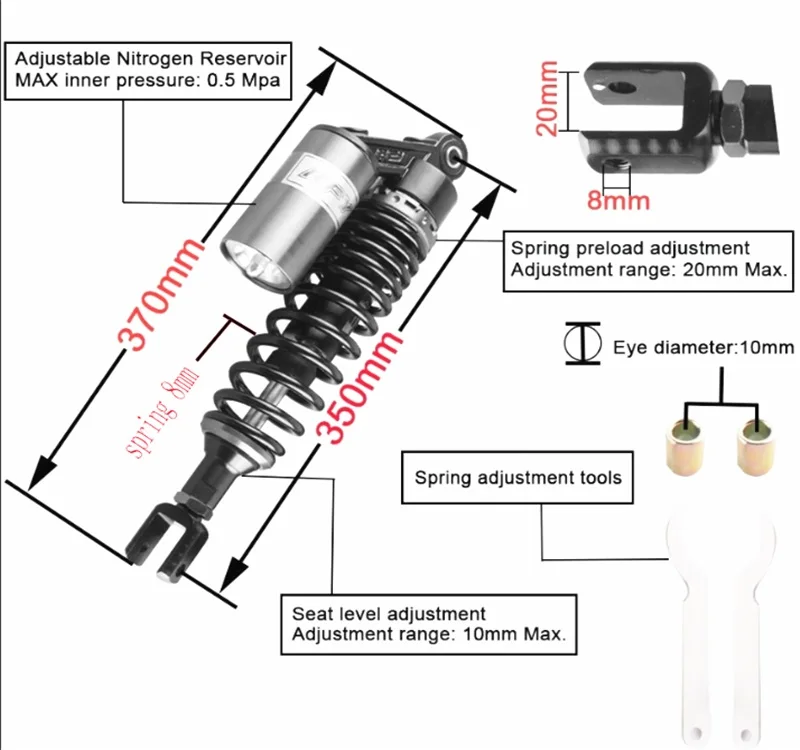 RFY  13.8 inch 350mm 2pcs Motorcycle Air Shock absorber FOR Honda CB 750 RD 350 CB Series Rear Suspension Black and silver