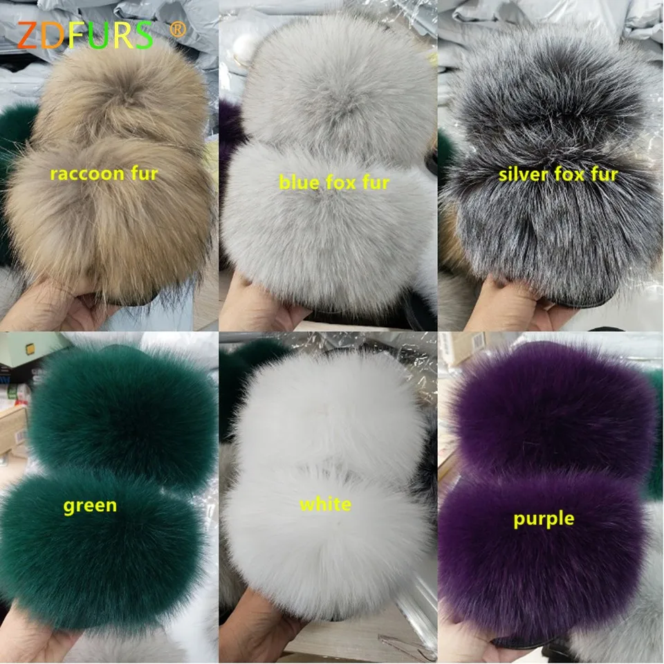 ZDFURS 2019 Fashion Fox Fur Slippers  Real Fur Slides Summer Flip Flops Casual Vogue Fox Fur Sandals Vogue Plush Shoes Wholesale