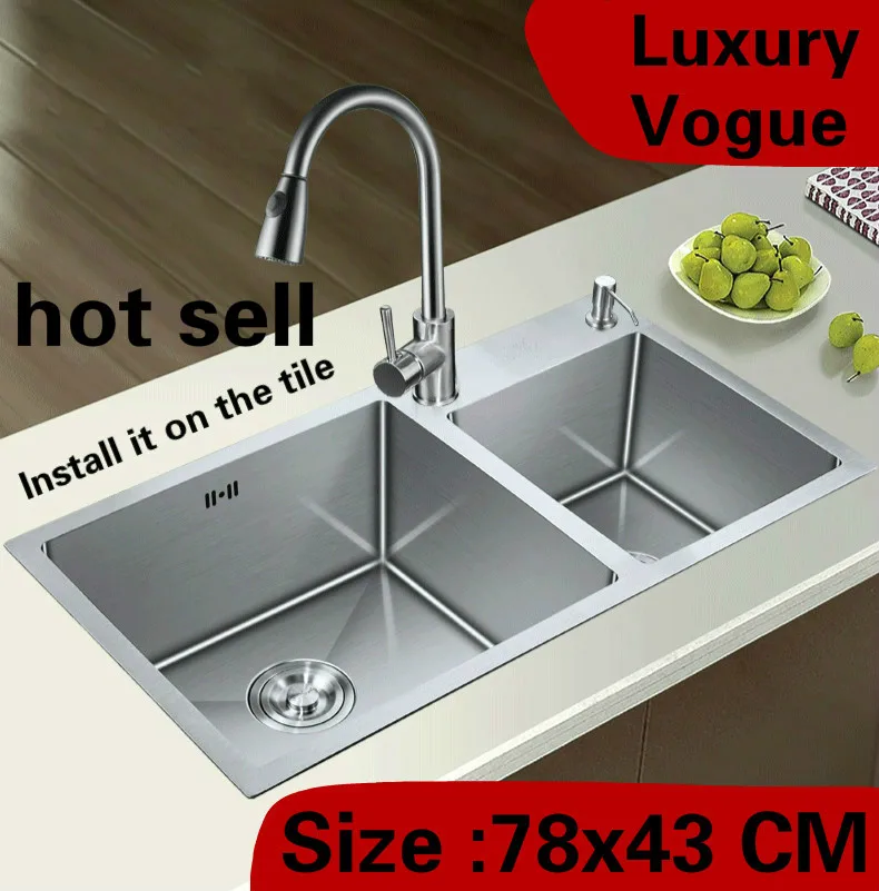 

Free shipping Apartment vogue kitchen manual sink double groove high capacity wash vegetables 304 stainless steel 78x43 CM