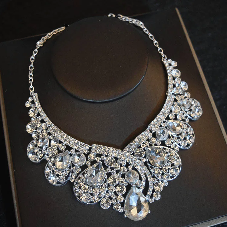 Luxury Big Rhinestone Bridal Jewelry Sets Silver Color Crystal Crowns Tiaras Necklace Earrings Set For Bride Hair Accessories