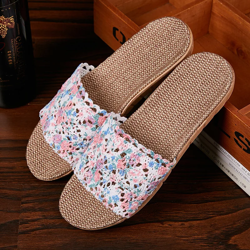 Mntrerm Female Cotton Flax Slippers Women Breathable Hollow Flat Slipper Summer Linen Shoes Indoor Non-slip Home Shoes Flip Flop