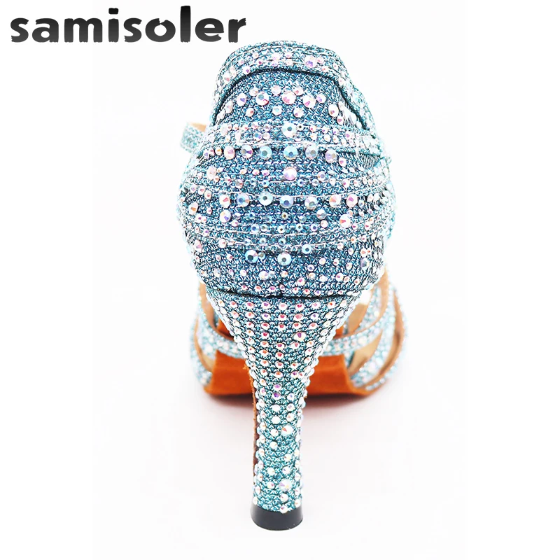 Samisoler  blue Rhinestone ballroom dance shoes women Salsa dance shoes women Professional tango Latin Shoes style high heels