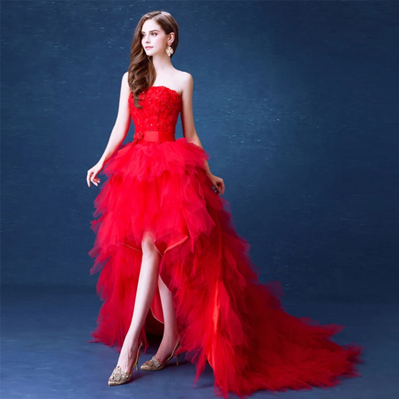 Gorgeous High Low Prom Dresses Strapless Red Color Tiered Tulle Skirt Vestidos De Formal Party Dresses Short Front Long Back