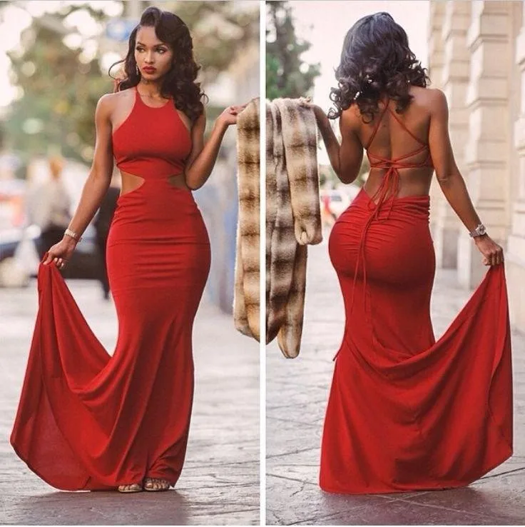 Vestidos de Fiesta de sirena rojos, Vestidos de noche sexys con corte Halter, Vestidos de Fiesta a medida, envío rápido gratis