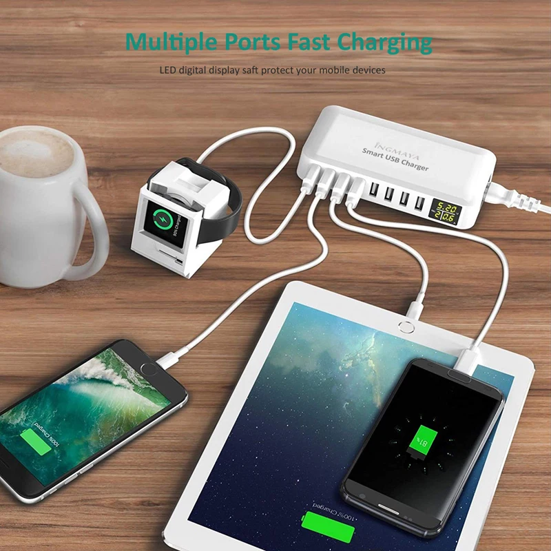 INGMAYA Multi Port USB Charger LED Screen Show Real Time Charging Station For iPhone Samsung Huawei Pixel Mi DV Power Adapter