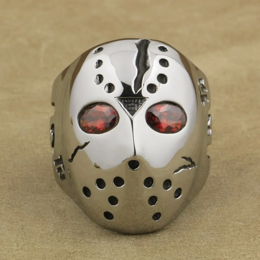 316L Stainless Steel Halloween Jason Hockey Red CZ Eyes Mens Ring 3F301A