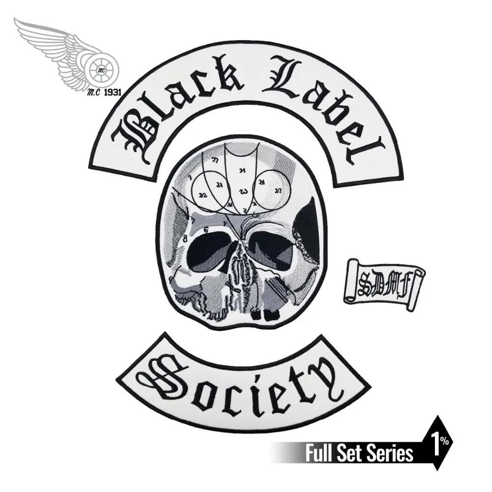 Black Label Society Patch Biker Back for Mens Vest Clothing Skull Head Rocker Patches Rock and Punk Patch Embroidery 4pcs as Set