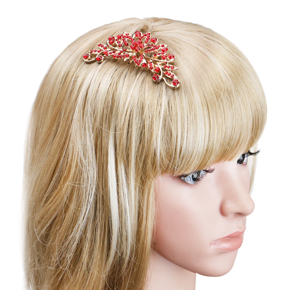 BLIJERY Gold Color Crystal Wedding Hair Combs Red Rhinestone Floral Bridal Hair Accessories Party Show Tiaras Women Hair Jewelry