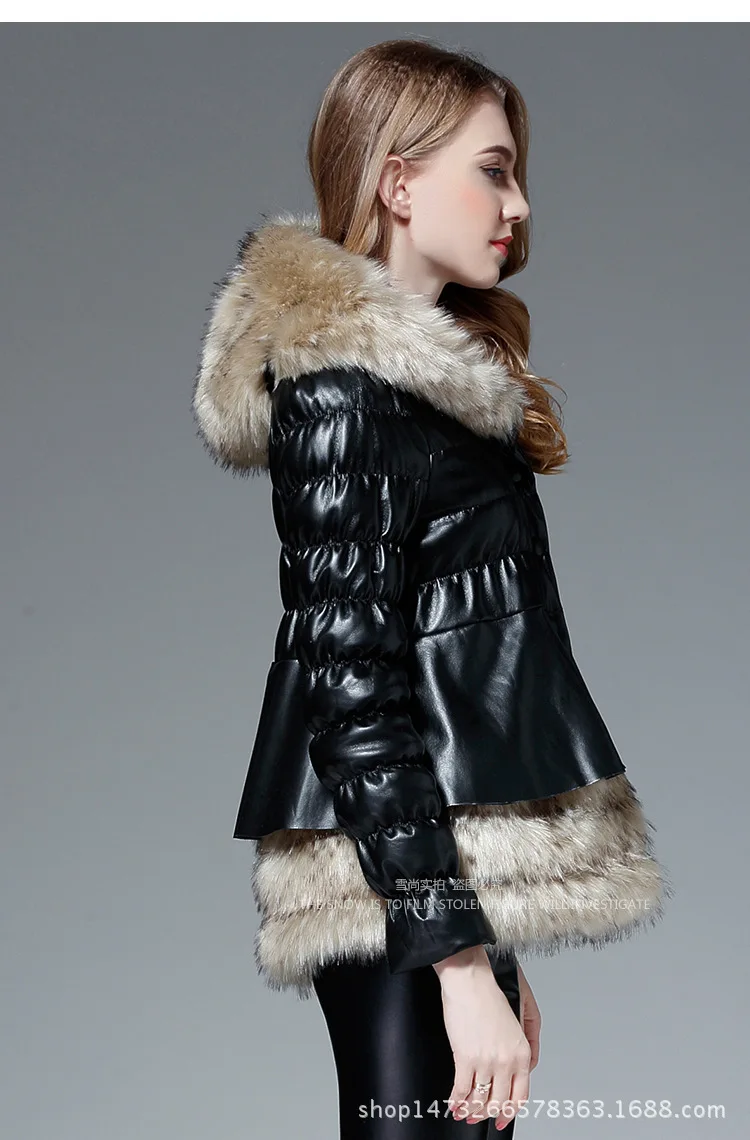 Winter Mode Vrouwen Jas Faux Fur Jas Patchwork Pu Leather Jacket Hooded Raccoon Dog Fur Dikkere Nep Bont Uitloper l1723