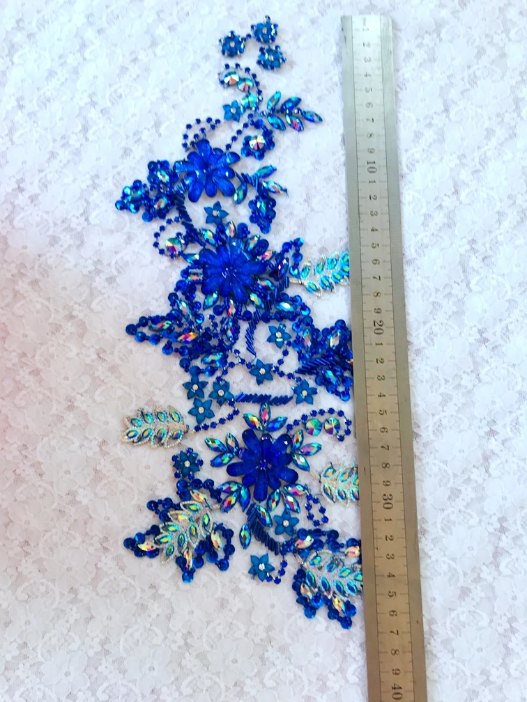 50*30cm handmade  crystal patches sew on blue rhinestones applique on mesh for  dress  accessories