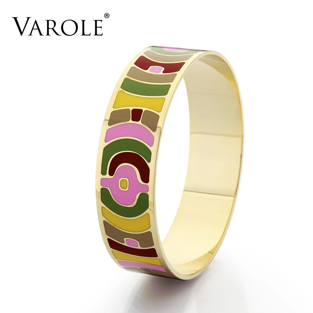 

VAROLE 18mm Wide Elegant Colorful Enamels Bangles Gold Color Cuff Bracelets For Women Christmas Gift