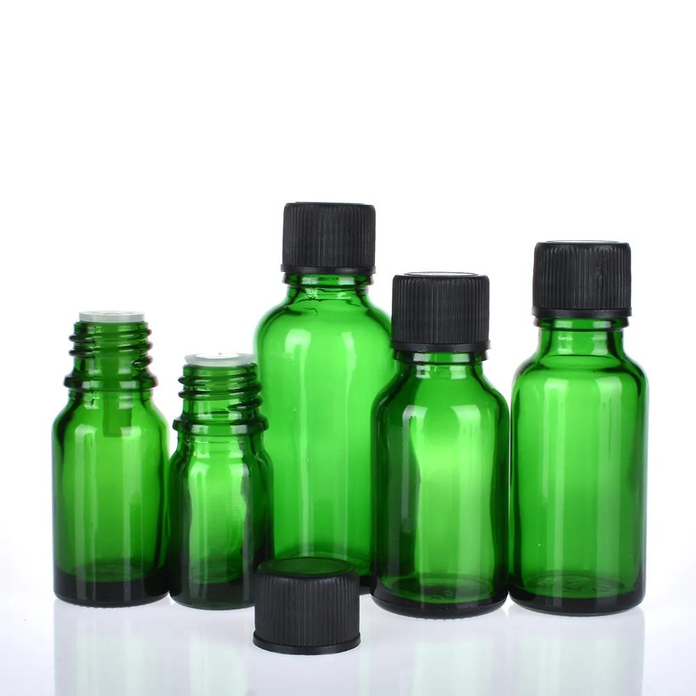 6pcs/lot 100ml 50m 30ml 20ml 15ml 10ml 5ml 1/3oz 1oz Thick Green Essential Oil Glass Bottles With Black Cap Glass Containers