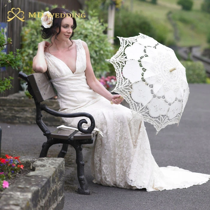 2015 Embroidered White/Ivory Battenburg Lace Parasol Umbrella Wedding Umbrella Wedding Bridal Decorations Free Shipping