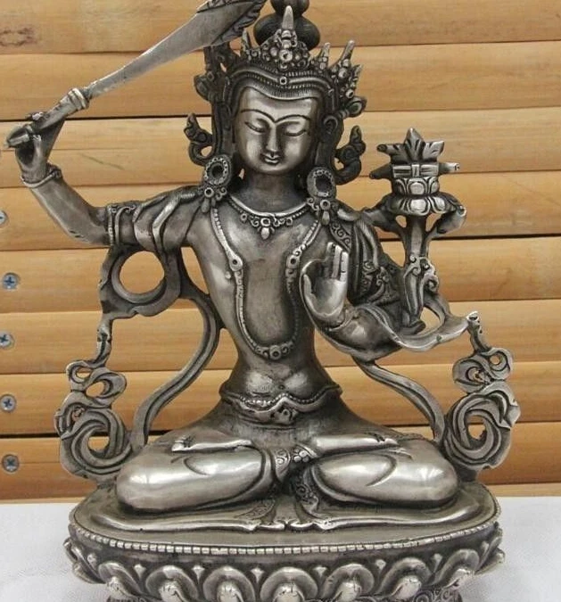 Tibet White Copper silver Manjushri Bodhisattva kwan-yin Manjuist GuanYin statue