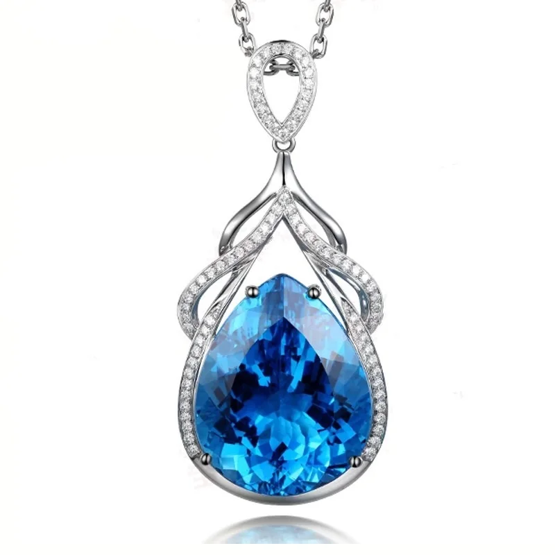 OMHXZJ Wholesale European Fashion Woman Girl Party Wedding Gift Blue Topaz AAA Zircon 925 Sterling Silver Pendant Necklace NA46