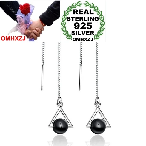 OMHXZJ Wholesale black Fashion joker Women triangle 925 Sterling Silver Tassel pendant drop Long Ear Line Earrings YS138