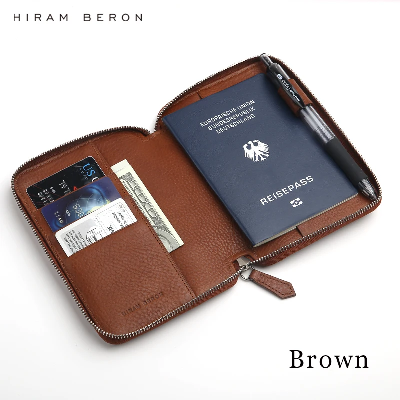 Hiram Beron Gift Passport Holder Cover Large Capacity RFID Blocking Zipper Genuine Wallet Gift for Friend Family
