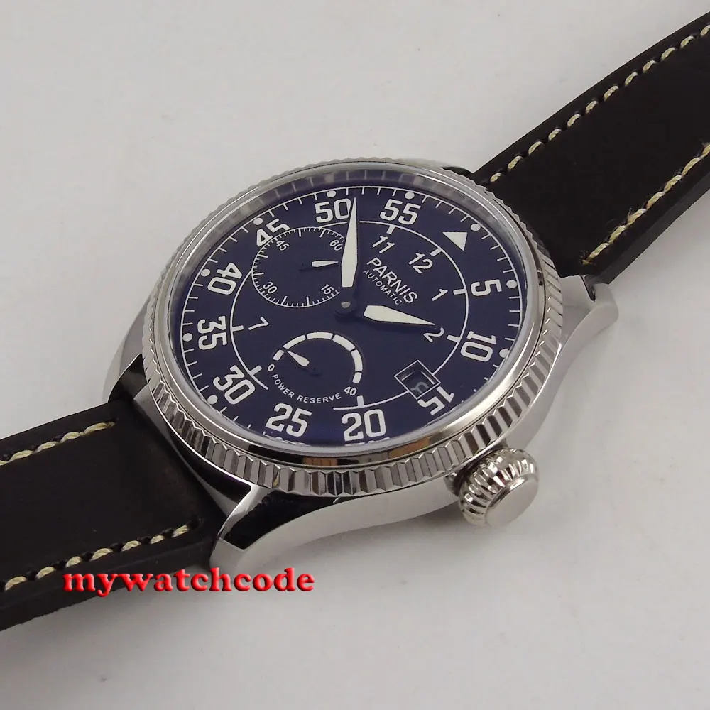 45mm Parnis black dial date power reserve ST2530 Automatic Movement Mens Watch