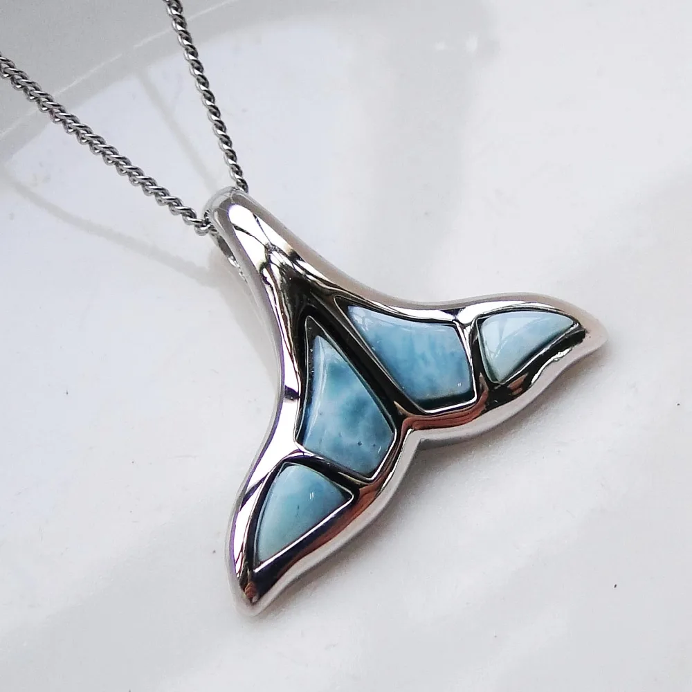 925 Sterling Silver Jewelry Natural Dominica Larimar Pendant Cute Whale Tail Charm Pendant for man and women