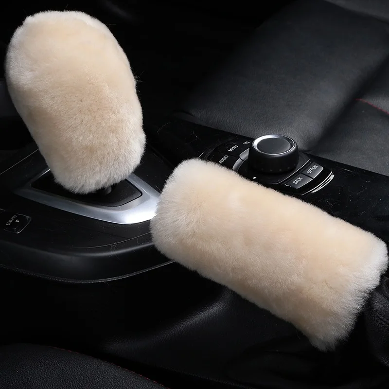 OGLAND Genuine Sheepskin Auto Gear Shift Handle Level Stick Knob Handball Cover For Car Gear Shift Parking Break Protect Sleeve