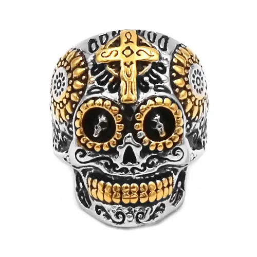 Wholesale Kapala Skull Biker Ring Stainless Steel Jewelry Fashion Gold Silver Color Cross Motor Biker Men Ring Hot Sale SWR0682