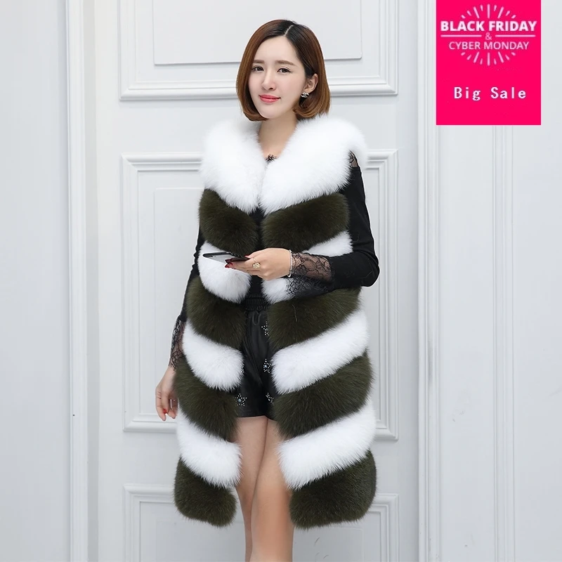 S-4XL fashion Winter New fashion brand Fake fox fur jacket women's warm stitching hit color thicker Faux fur coat wj1173