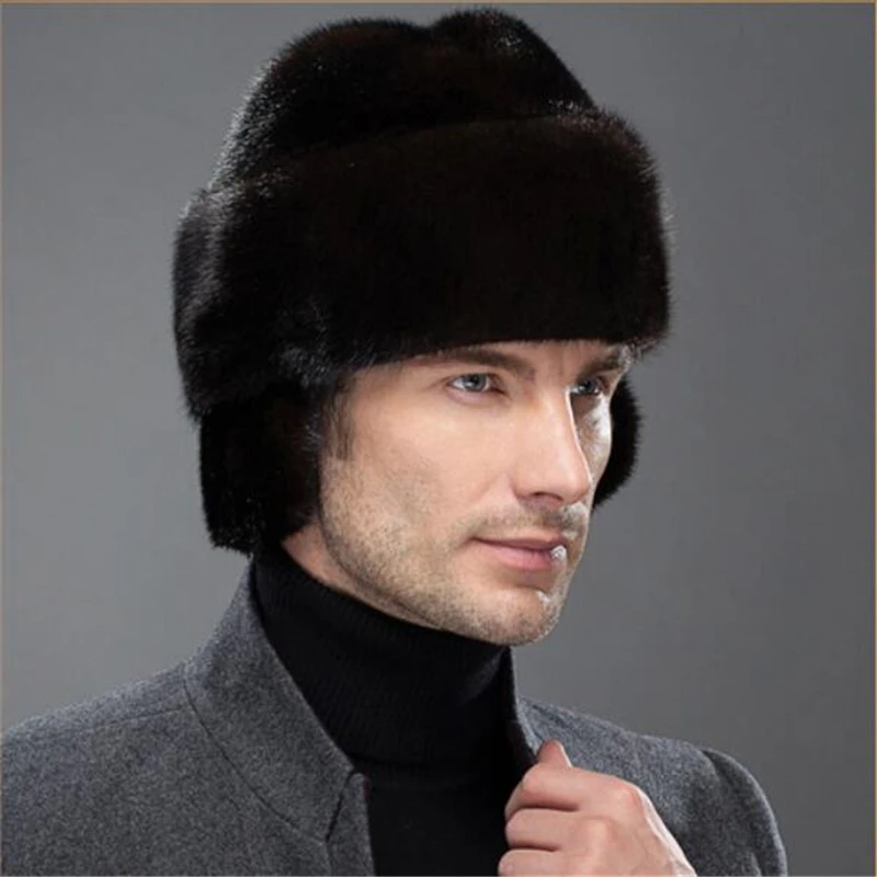 IANLAN French Mens Full-pelt Mink Bomber Hats Real Mink Fur Earmuffs Hats Solid Winter Outdoor Warm Hats IL00237