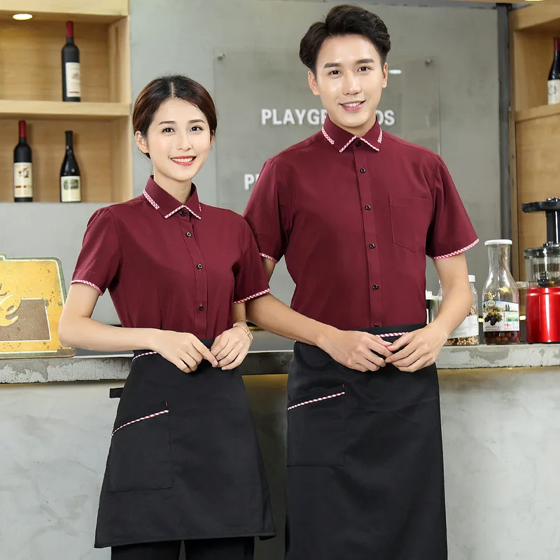 

Short Sleeve Western Restaurant Waiter Uniform Men Women Cafe Waitress Uniform Shirt + Apron Coffee Shop Cooking Work Wear 90