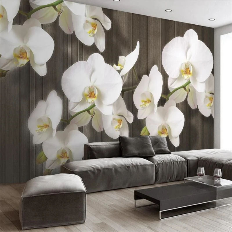 

wellyu 3d Phalaenopsis Flower Wood Grain Modern Simple TV Wall Custom Large mural Green Wallpaper papel de parede para quarto