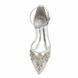 Elegant lady satin mesh dress flats pointed toe ankle strap bridal wedding shoes with crystal applique party prom mother heels
