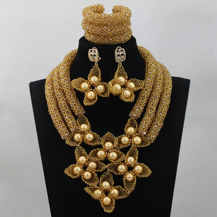 

Fabulous Royal Blue Wedding African Beads Jewelry Set Gold Pearls Beaded Anniversary Party Jewelry Set Free ShippingABL733