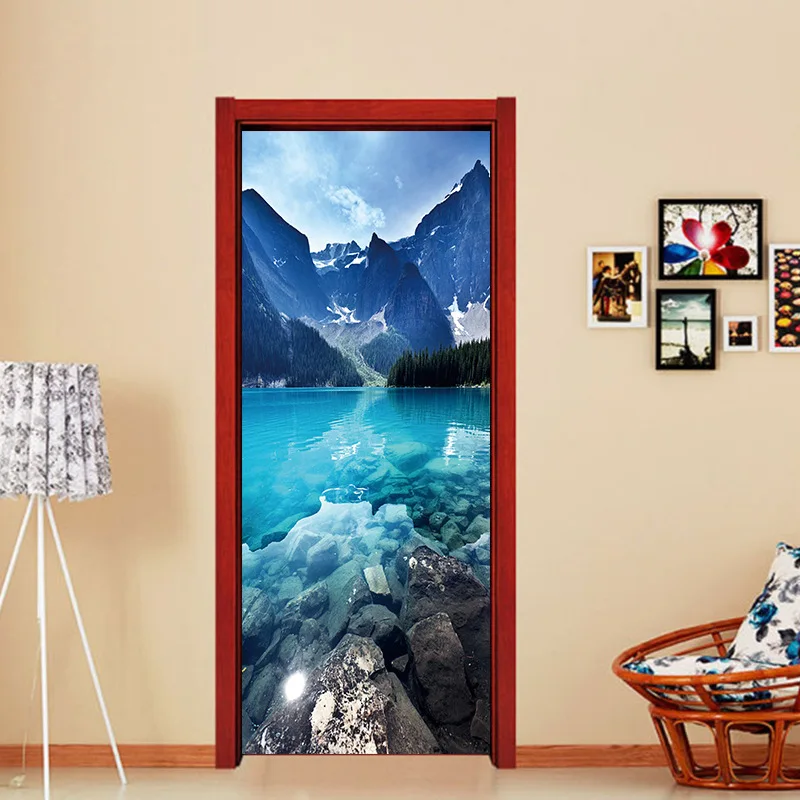 3D Blue Chinese Mountain Lake Fridge Stickers Removable Wall Door Stickers Self Adhesive Decals Murals Kitchen DIY Decoration